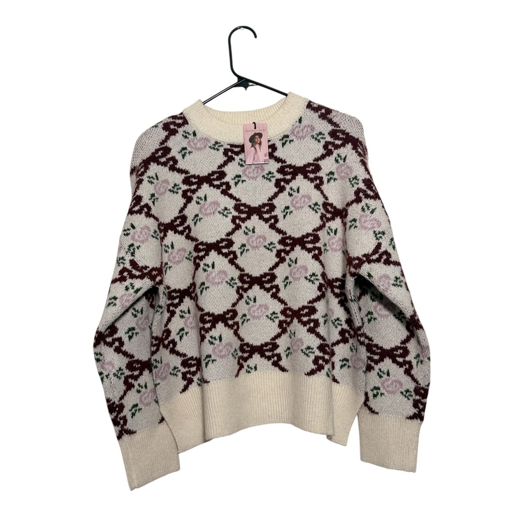 Sincerely Jules Romantic Winter Bow Rose Cream Burgundy Knit Sweater Small NWT